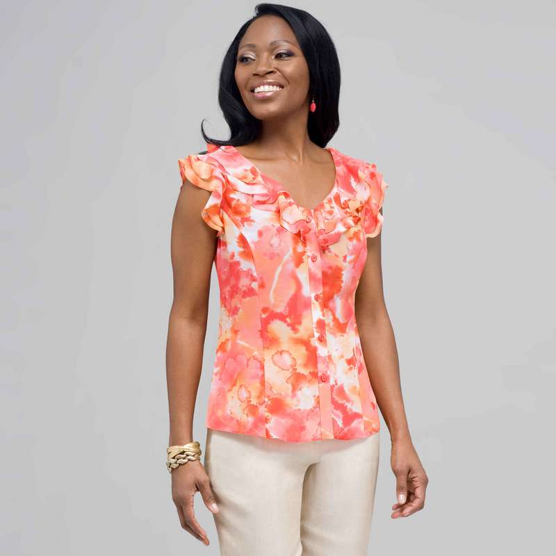 Ruffle Neckline Button Down Blouse, , large