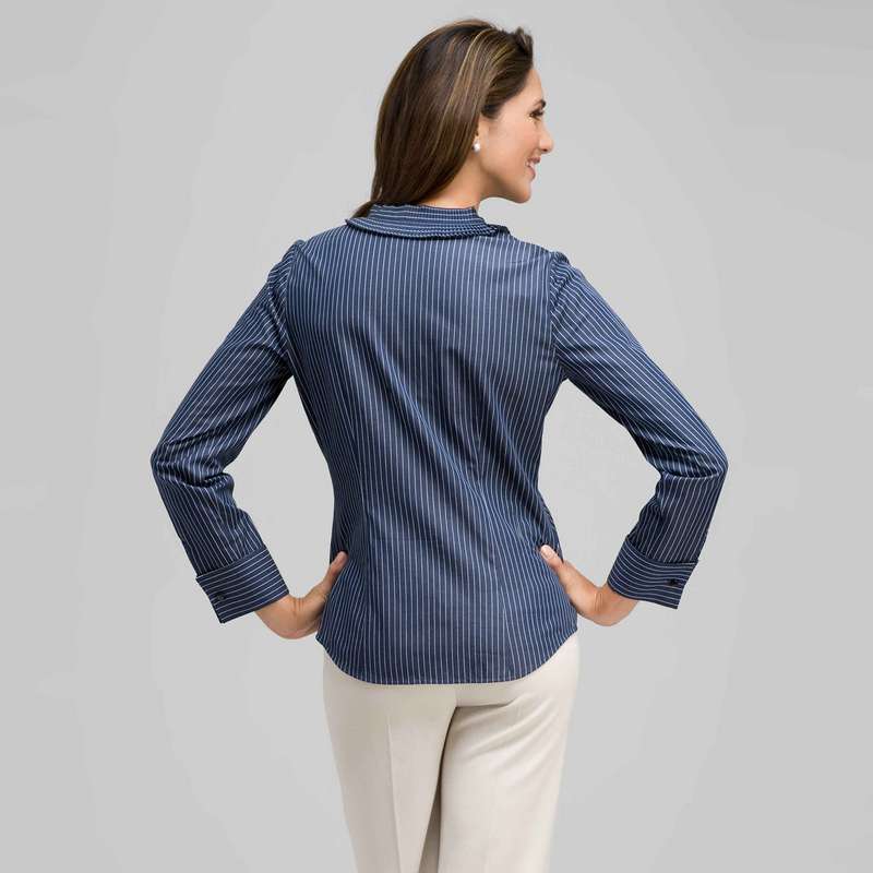 Striped Pleated Ruffle Front Shirt, , large