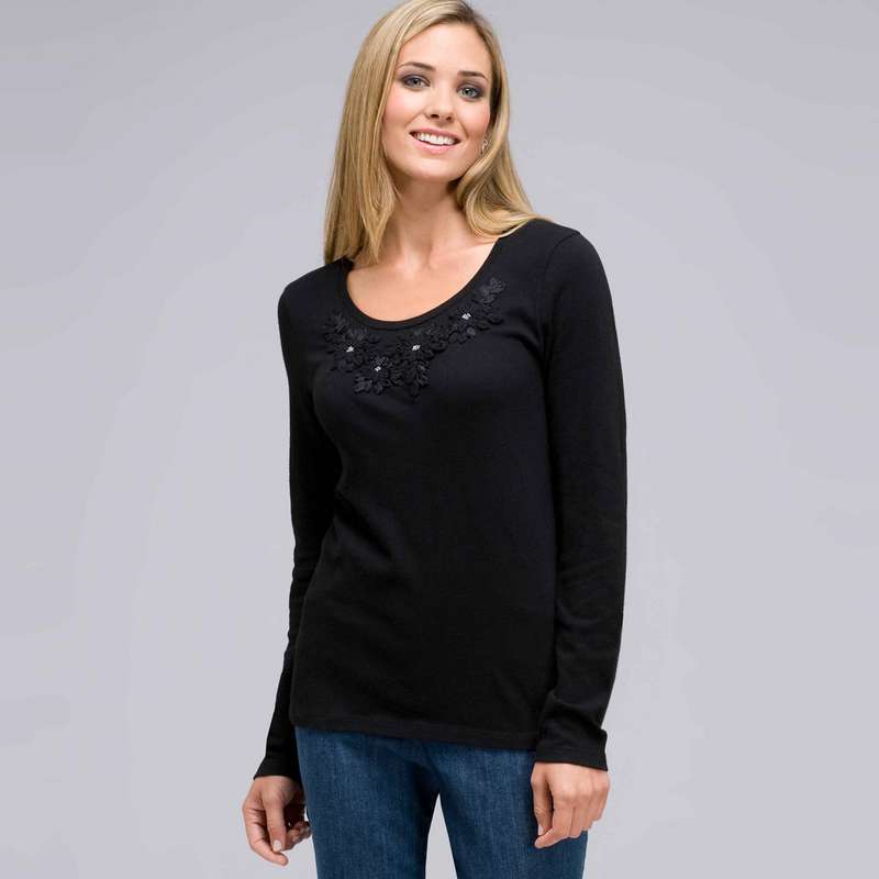 Long Sleeve Appliqued Crew Neck, , large