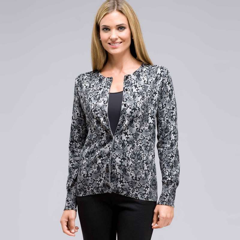 Button Front Crew Neck Cardigan, , large