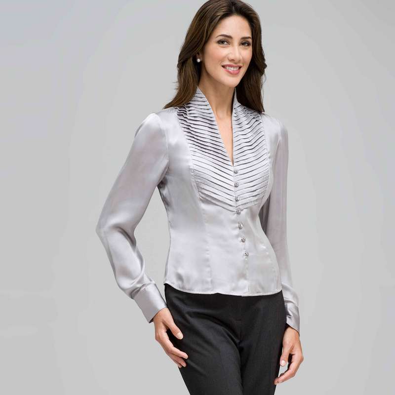 Pleated Bib Long Sleeve Shirt, , large