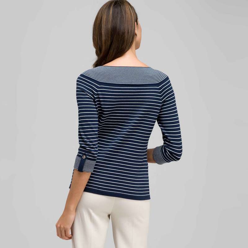 3/4 Sleeve Boat Neck Striped Knit, , large